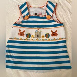 Banana Split Smocked Beachy Crab Tank Top Size 3T Blue/White Stripes Sleeveless